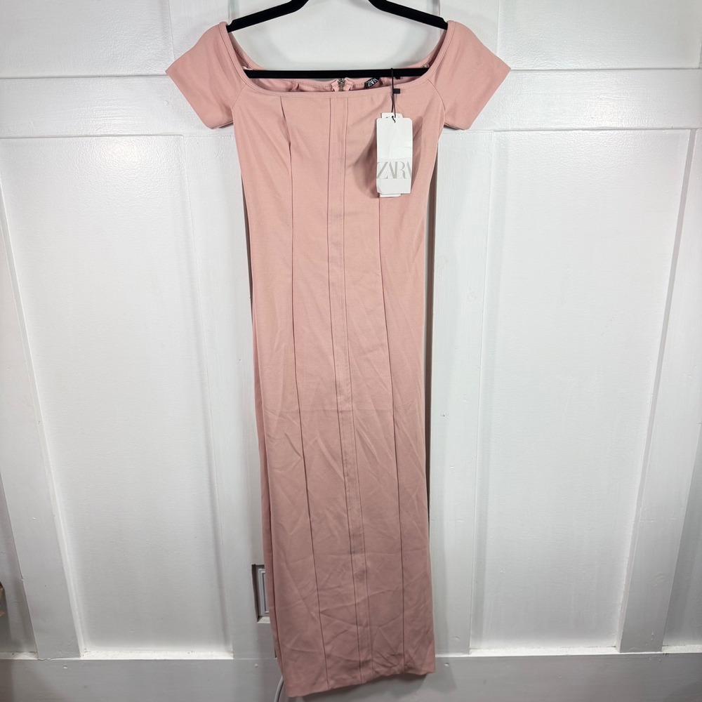 NWT Zara Dusty Pink Cap Sleeve Fitted Panel Striped Maxi Dress Women's Sz XS